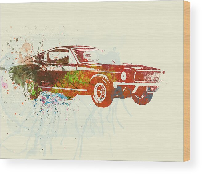Ford Mustang Wood Print featuring the painting Ford Mustang Watercolor by Naxart Studio