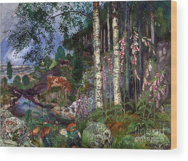 Nikolai Astrup Wood Print featuring the painting Foxgloves, ca 1918 by O Vaering by Nikolai Astrup