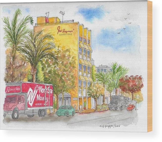 Fred Hayman Building Wood Print featuring the painting Fred Hayman Building, Cannon Dr and Clifton, Beverly Hills, CA by Carlos G Groppa
