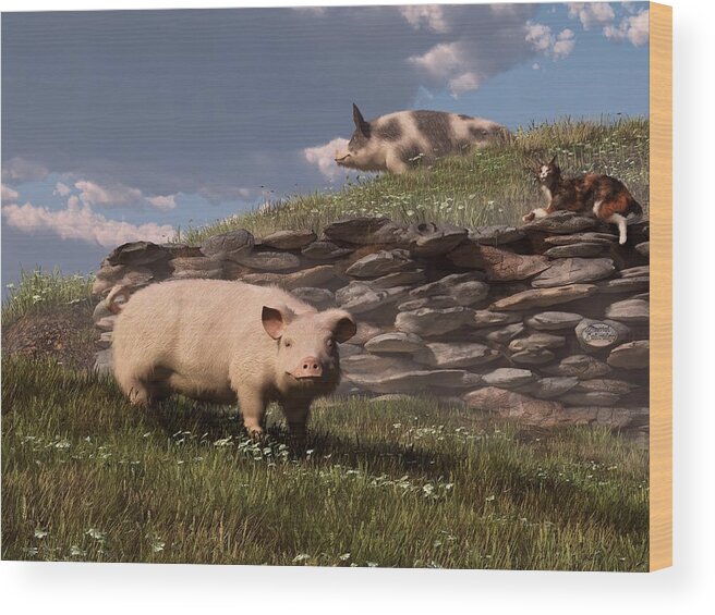 Pig Wood Print featuring the digital art Free Range Pigs by Daniel Eskridge