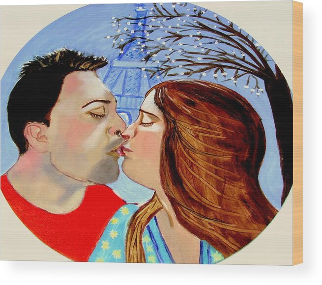 France Wood Print featuring the painting French Kissing at the Eiffel Tower by Rusty Gladdish