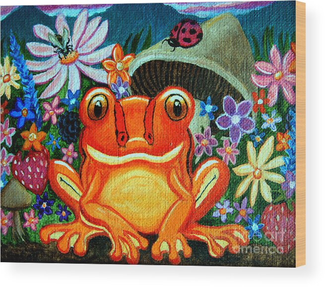 Frogs Wood Print featuring the painting Frog and flowers by Nick Gustafson