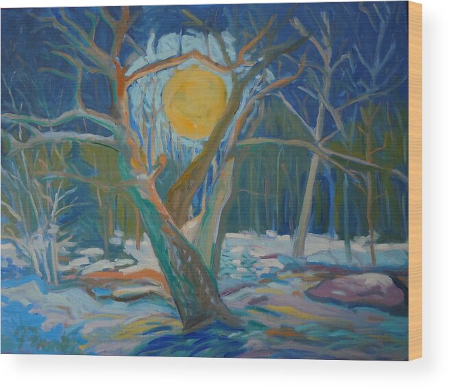 Landscape Wood Print featuring the painting Full Moon Through Winter Oak by Francine Frank