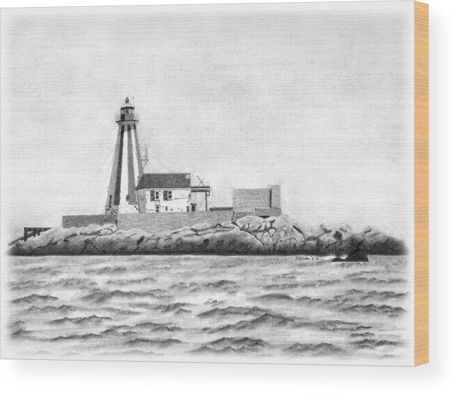 Selinda Wood Print featuring the drawing Gannet Rock Lighthouse by Selinda Van Horn