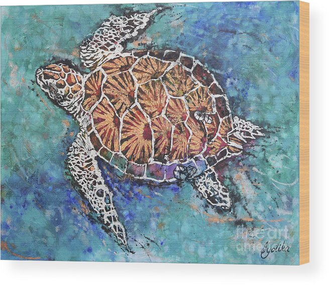 Marine Animals Wood Print featuring the painting Glittering Turtle by Jyotika Shroff