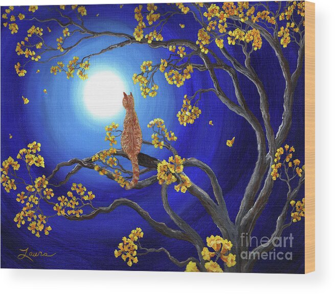 Landscape Wood Print featuring the painting Golden Flowers in Moonlight by Laura Iverson