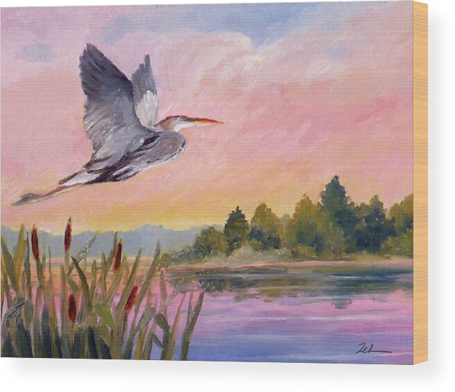 Sunset Wood Print featuring the painting Great Blue Heron at Dawn by Janet Zeh
