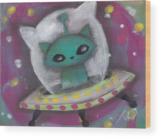 Mid Century Modern Wood Print featuring the painting Green Alien Cat by Abril Andrade