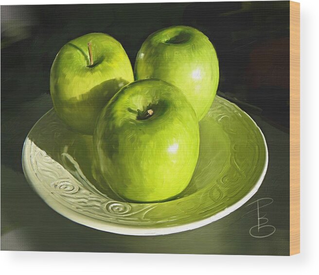 Apple Wood Print featuring the digital art Green apples in a white bowl by Debra Baldwin