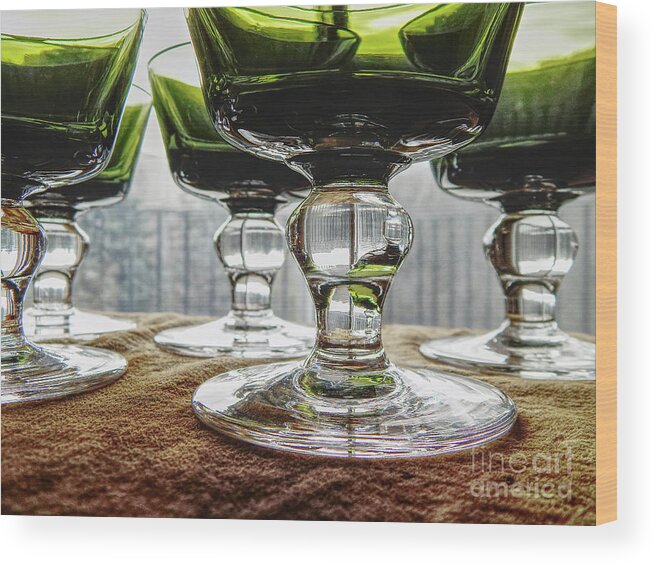 Macro Wood Print featuring the photograph Green Glass Goblets by Phil Perkins
