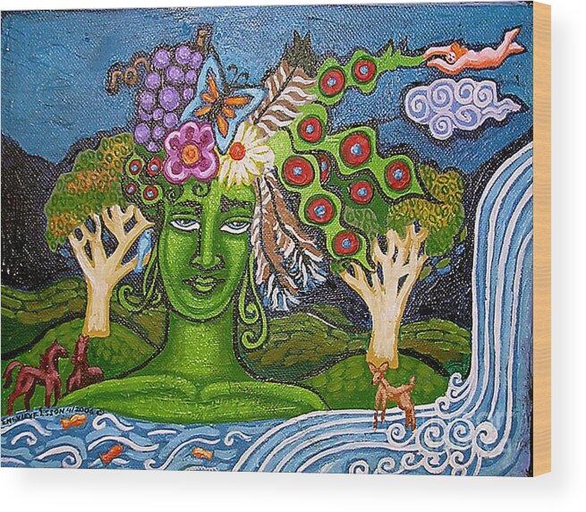 Green Goddess Wood Print featuring the painting Green GoddessWith Waterfall2 by Genevieve Esson