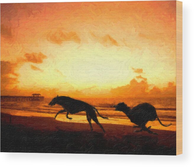 Greyhound Wood Print featuring the painting Greyhounds on beach by Michael Tompsett