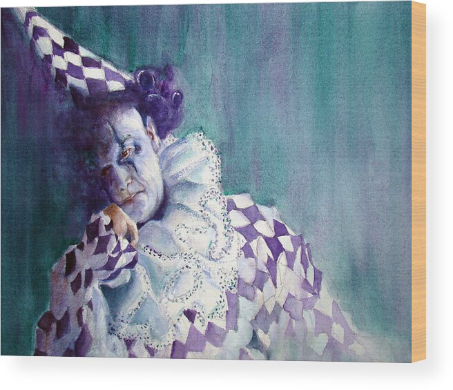  Unhappy Clown Portrait Wood Print featuring the painting Harlequin I by Myra Evans