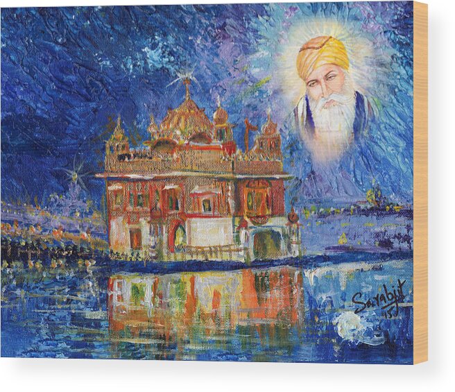 Olden Temple At Night Wood Print featuring the painting Harmandir Sahib by Sarabjit Singh