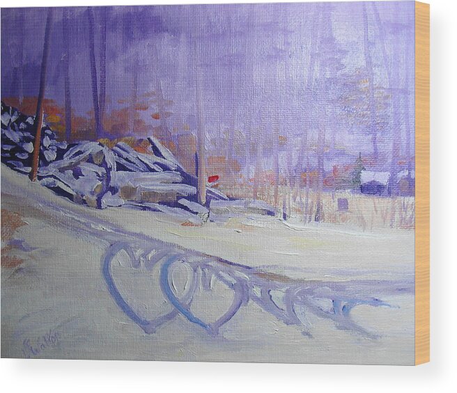 Snow Wood Print featuring the painting Hearts in the Snow by Judy Fischer Walton