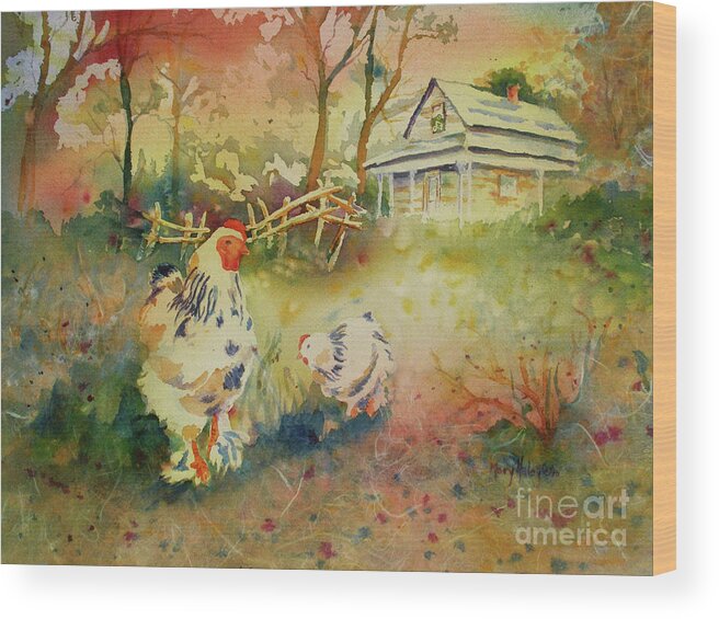 Rooster Wood Print featuring the painting Hen and Rooster by Mary Haley-Rocks