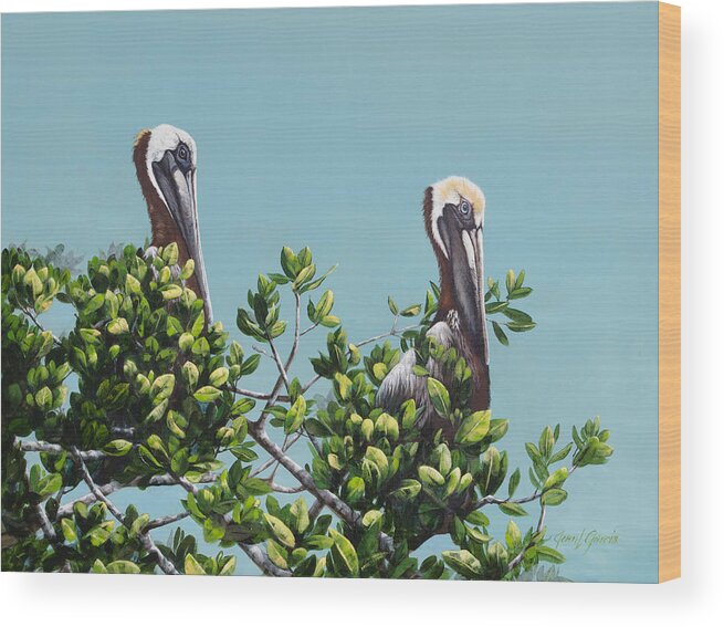 Pelican Wood Print featuring the painting Watching the Bay by Joan Garcia