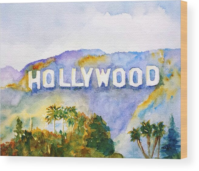 Hollywood Sign Wood Print featuring the painting Hollywood Sign California by Carlin Blahnik CarlinArtWatercolor