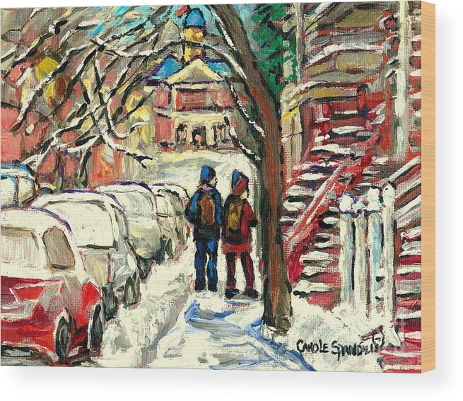 Original Montreal Paintings For Sale Wood Print featuring the painting Original Art For Sale Montreal Petits Formats A Vendre Walking To School On Snowy Streets Paintings by Carole Spandau