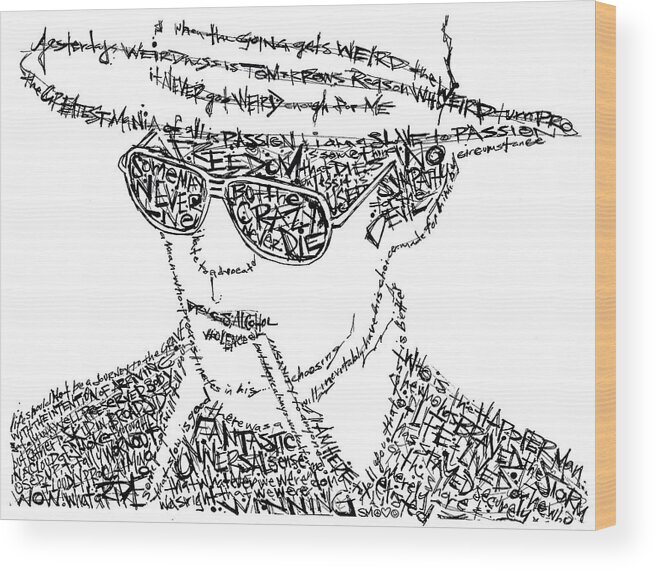Hunter Thompson Wood Print featuring the drawing Hunter S. Thompson Black and White Word Portrait by Inkpaint Wordplay