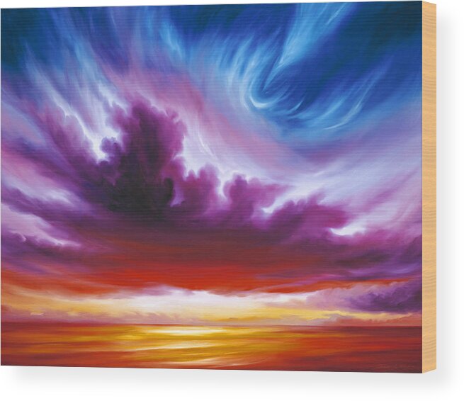 Sunrise; Sunset; Power; Glory; Cloudscape; Skyscape; Purple; Red; Blue; Stunning; Landscape; James C. Hill; James Christopher Hill; Jameshillgallery.com; Ocean; Lakes; Genesis; Creation; Quantom; Singularity Wood Print featuring the painting In the Beginning by James Christopher Hill