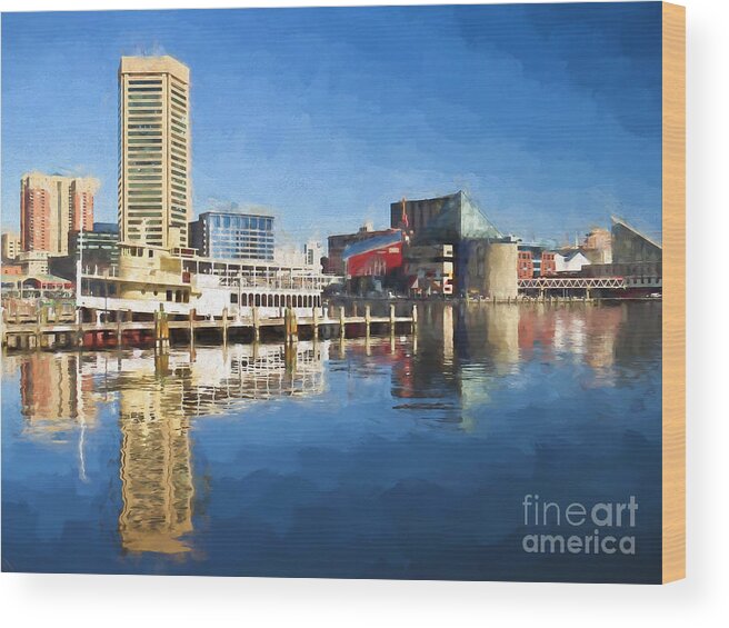 Baltimore Inner Harbor Wood Print featuring the painting Inner Harbor Reflections by Kerri Farley