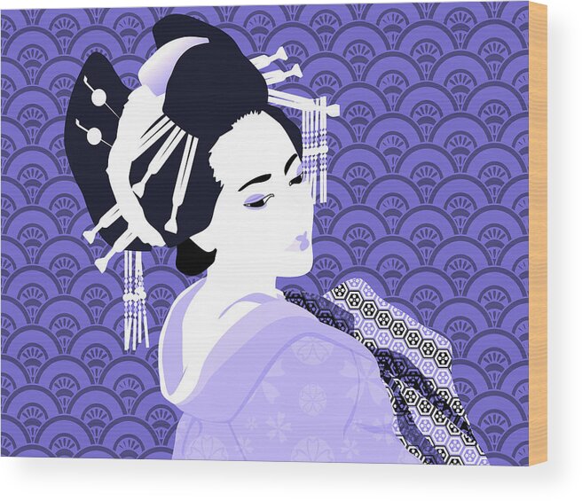 Geisha Wood Print featuring the digital art Japanese anime GEISHA GIRL Modern Interior Art #5 by ArtMarketJapan