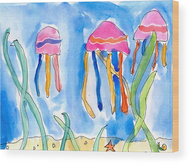 Undersea Wood Print featuring the painting Jellyfish by Emily Graham Age Six