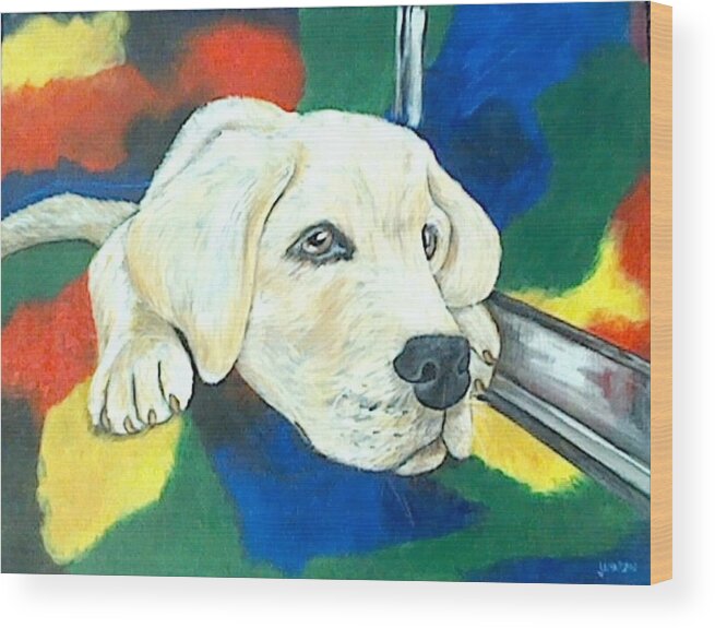 Dog Wood Print featuring the painting Just waiting by Jenny Pickens