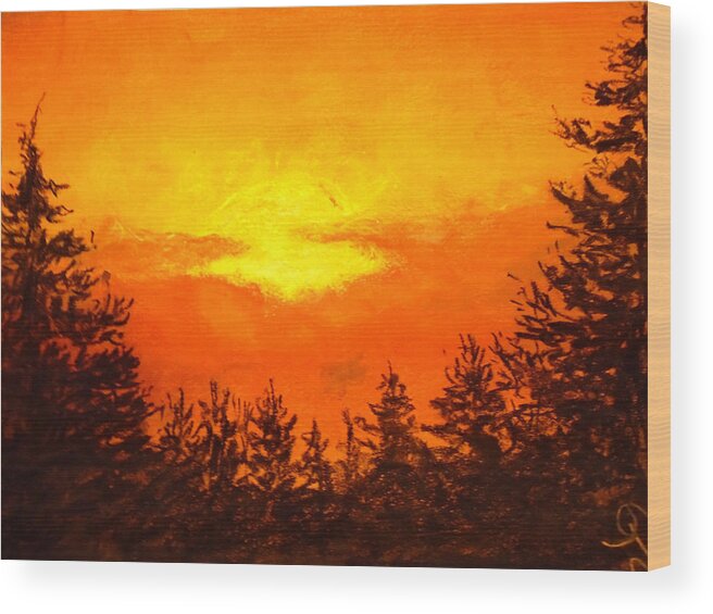 Chromatic Sunset Wood Print featuring the drawing Kissed Pines by Jen Shearer