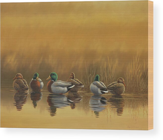 Mallards Wood Print featuring the painting Last Light Mallards by Guy Crittenden