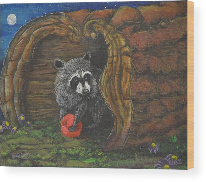 Raccoon Wood Print featuring the painting Laying Low by Rod B Rainey