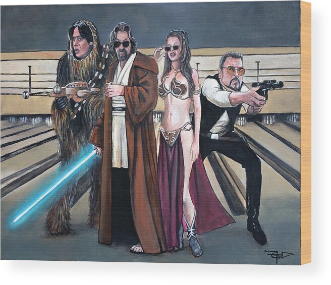 Big Lebowski Wood Print featuring the painting Lebowski Wars by Tom Carlton