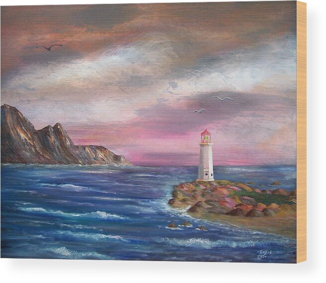 Seascape Wood Print featuring the painting Lighthouse at Sunset by Tony Rodriguez