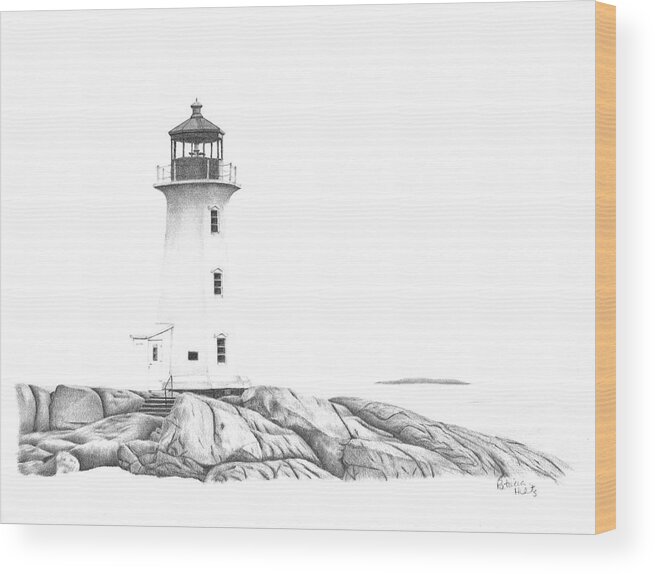 Peggy's Cove Wood Print featuring the drawing Lighthouse of Peggy's Cove by Patricia Hiltz