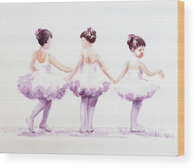 Ballerinas Wood Print featuring the painting Little Ballerinas-3 by Asha Sudhaker Shenoy