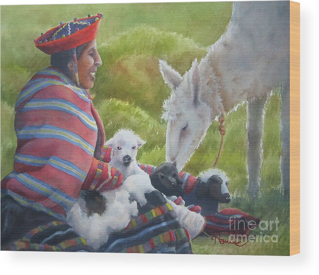 Nancy Charbeneau Wood Print featuring the painting Llama Lady by Nancy Charbeneau
