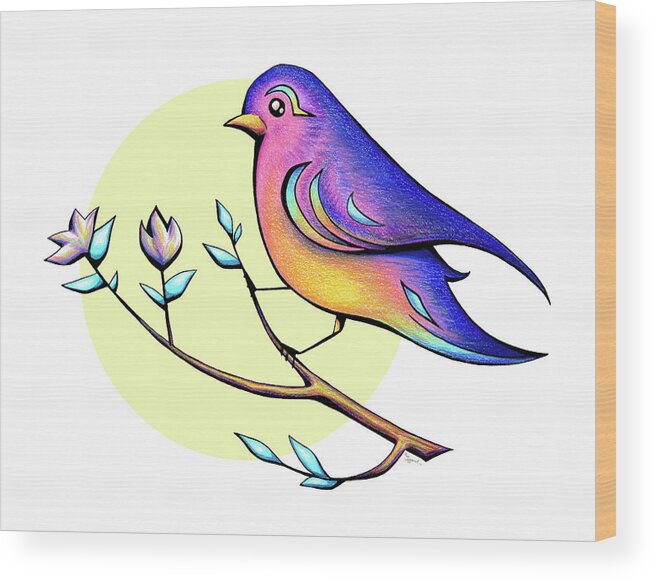 Bird Wood Print featuring the drawing LOVELY SPRING DAY Bird and Flowers by Sipporah Art and Illustration