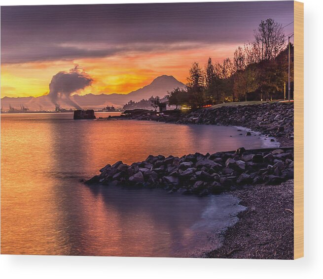 Red Wood Print featuring the photograph Magical Sunrise on Commencement Bay by Rob Green