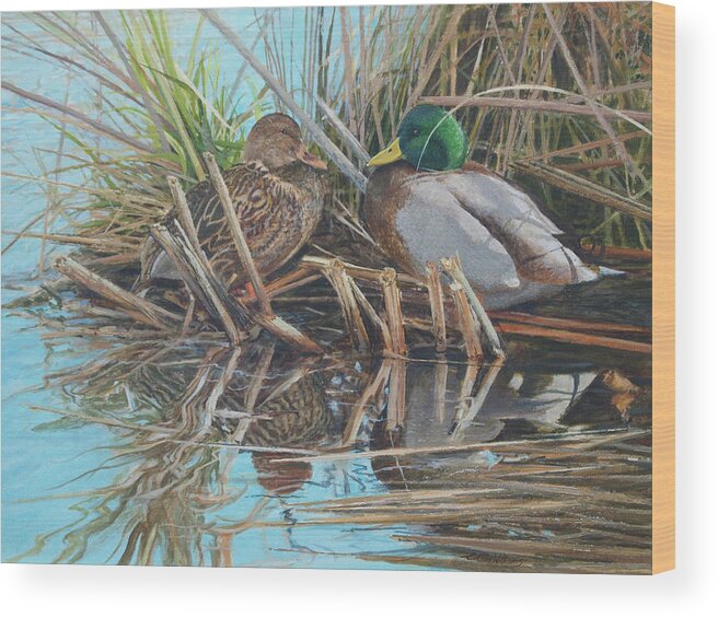 Mallards Wood Print featuring the painting Mallards at Rithet's Bog by E Colin Williams ARCA