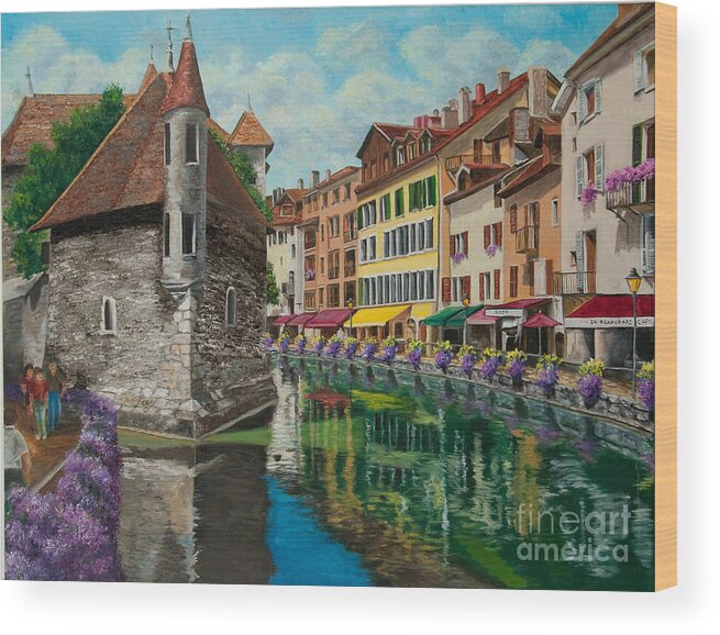 Annecy France Art Wood Print featuring the painting Medieval Jail in Annecy by Charlotte Blanchard