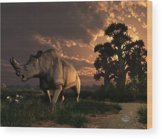 Extinct Wood Print featuring the digital art Megacerops at Breakfast by Daniel Eskridge