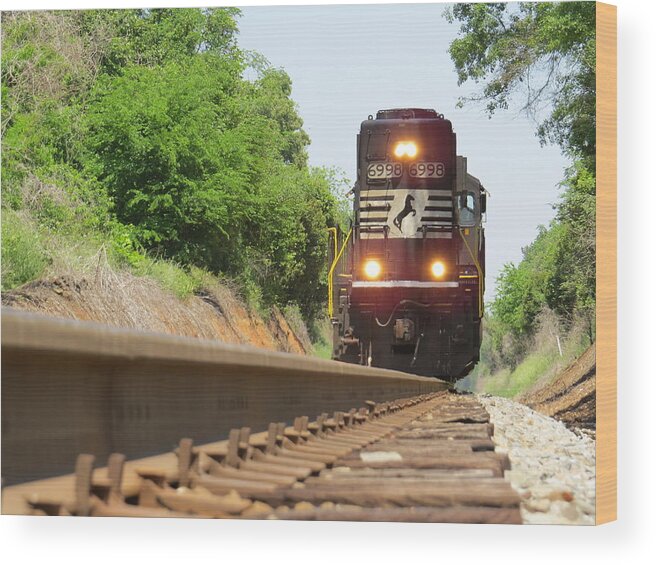 Train Wood Print featuring the photograph Mini train moves down the track by Aaron Martens