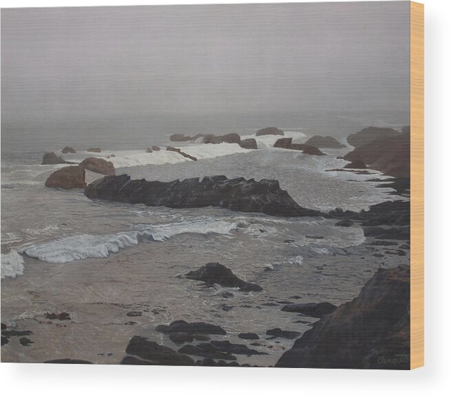 California Wood Print featuring the painting Misty morning at Ragged Point, California by Barbara Barber