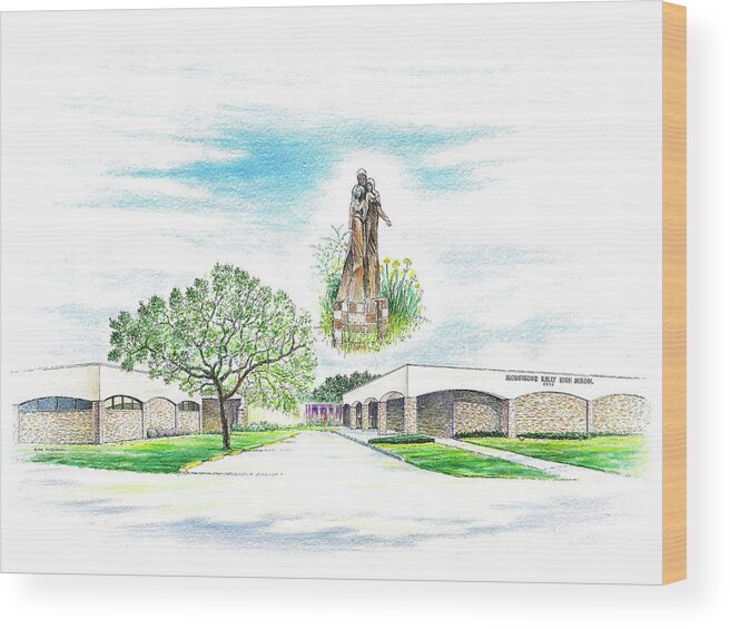 Monsignor Kelly Catholic High School Wood Print featuring the drawing Monsignor Kelly Catholic High School by Randy Welborn