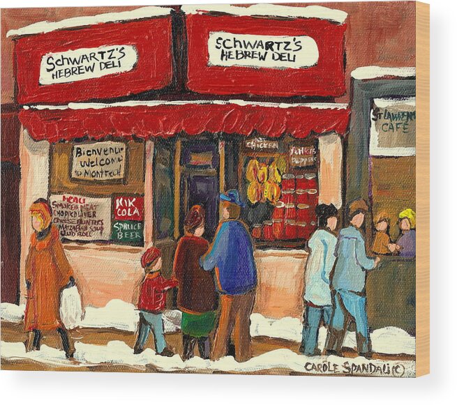 Montreal Hebrew Delicatessen Wood Print featuring the painting Montreal Hebrew Delicatessen Schwartzs By Montreal Streetscene Artist Carole Spandau by Carole Spandau