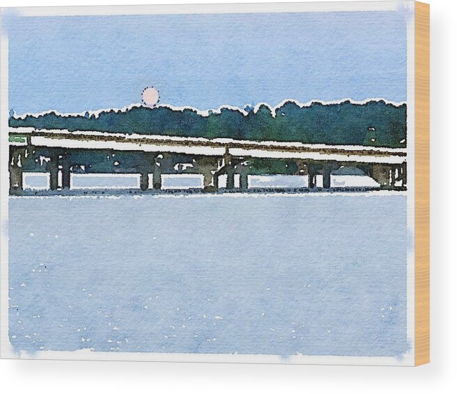Waterlogue Wood Print featuring the photograph Moon Over Elk River Bridge by Gwendolyn Christopher
