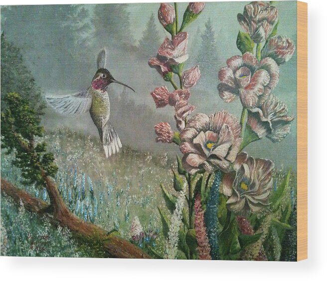 Flowers Wood Print featuring the painting Morning Hummingbird by Duwayne Williams