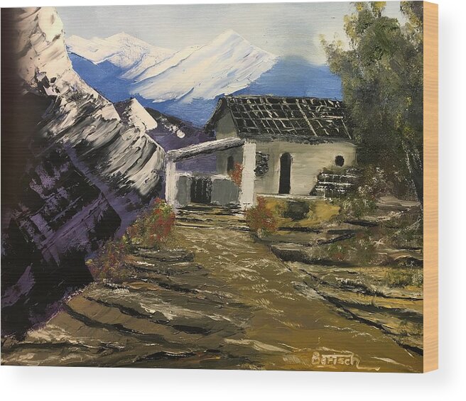 Mountain Wood Print featuring the painting Mountain Cabin by David Bartsch