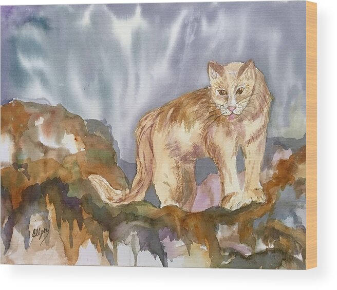 Mountain Lion Wood Print featuring the painting Mountain Lion on the Rocks by Ellen Levinson